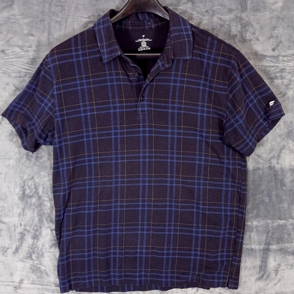 Plaid Polo Shirt Mens Large Navy Blue Modal Cotton Blend Stretch Casual